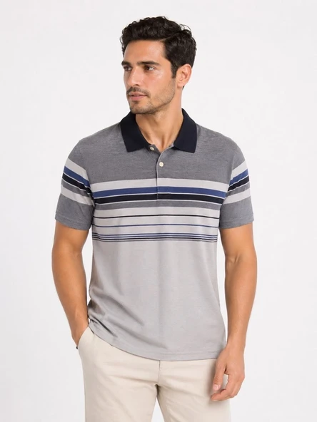 Erkek Flamlı Penye Çizgili Polo Yaka Tişört Kısa Kol Yazlık T-Shirt - Gri ürün görseli 1