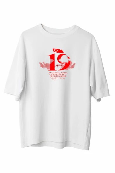 19 Mayıs Atatürk Temalı Gençlik ve Spor Bayramı Bisiklet Yaka T-shirt - Beyaz ürün görseli 1