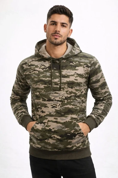 Erkek Kamuflaj Desenli 2 İplik 4 Mevsim Kapüşonlu Kanguru Cepli Hoodie Sweatshirt - Kamuflaj ürün görseli 1