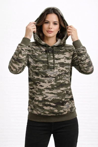 Kadın Kamuflaj Desenli 2 İplik 4 Mevsim Kapüşonlu Kanguru Cepli Hoodie Sweatshirt - Kamuflaj ürün görseli 1