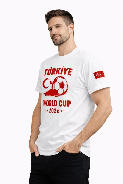Erkek Türkiye World Cup 2026 Baskılı Tişört Futbol Temalı Forma T-Shirt - Beyaz ürün görseli 1