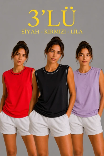Kadın 3 lü Kolsuz Sporcu Atlet Seti Yazlık Bisiklet Yaka - Siyah, Kırmızı, Lila ürün görseli 1
