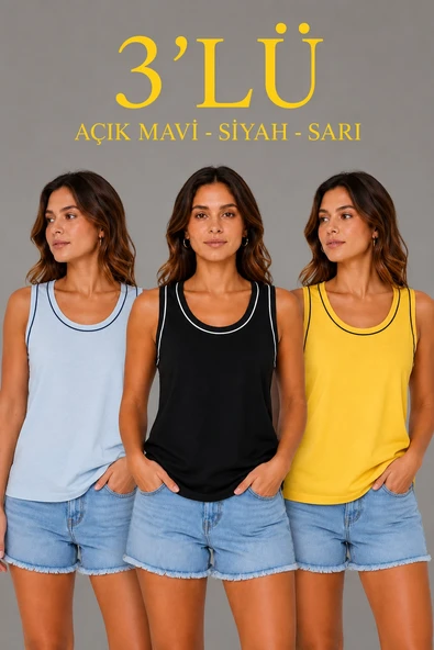 Kadın 3 lü Kolsuz Sporcu Atlet Seti Yazlık Bisiklet Yakalı - Sarı, Siyah, Bebe Mavisi ürün görseli 1