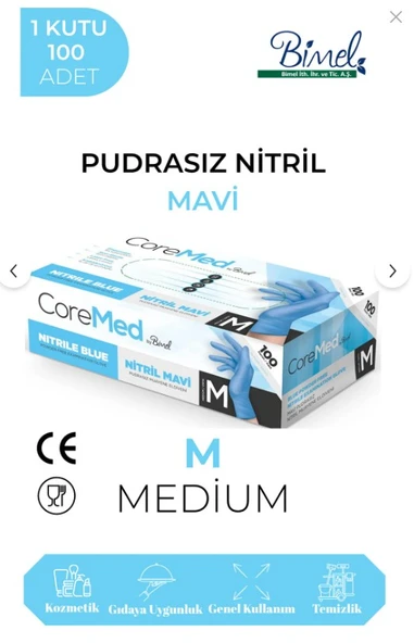 COREMED Nitril Mavi Pudrasız Muayene Eldiveni M - 1 Paket 100 lü ürün görseli 1
