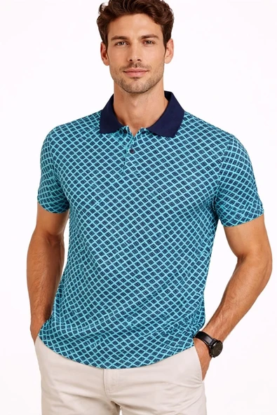Erkek Pike Kumaş Polo Yaka Desenli Tişört Kısa Kol Yazlık T-Shirt - Turkuaz ürün görseli 1