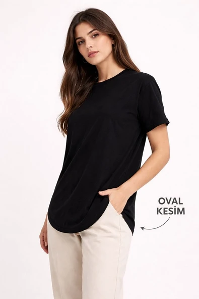 Kadın Basic T-Shirt Kısa Kol Bisiklet Yaka Oval Kesim Tişört - Siyah ürün görseli 1