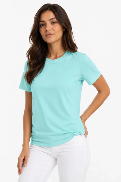 Kadın T-Shirt Bisiklet Yaka Slim Fit Likralı Tişört Günlük Basic Body - Turkuaz ürün görseli 1