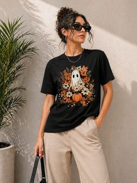Kadın Balkabağı Hayalet Baskılı Tişört Kısa Kol Yazlık T-Shirt - Siyah ürün görseli 1
