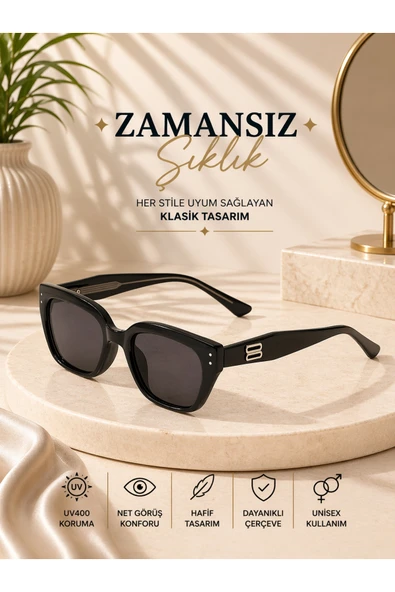 Optic Master Dikdörtgen Güneş Gözlüğü Siyah Kemik Çerçeve Siyah Camlı ürün görseli 1