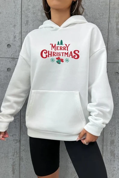 Yılbaşı Merry Christmas Baskılı Oversize Kapüşonlu Sweatshirt Hoodie - Beyaz ürün görseli 1