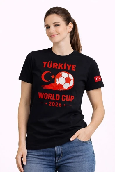 Kadın Türkiye World Cup 2026 Baskılı Tişört Futbol Temalı Forma T-Shirt - Siyah ürün görseli 1