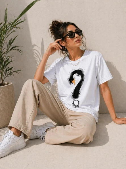 Kadın Kuğu Figürlü Soru İşareti Baskılı Tişört Kısa Kol T-Shirt - Beyaz ürün görseli 1