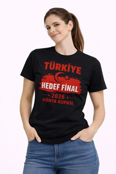 Kadın TÜRKİYE Baskılı Tişört Ay Yıldız 2026 Dünya Kupası Taraftar Forma T-Shirt - Siyah ürün görseli 1