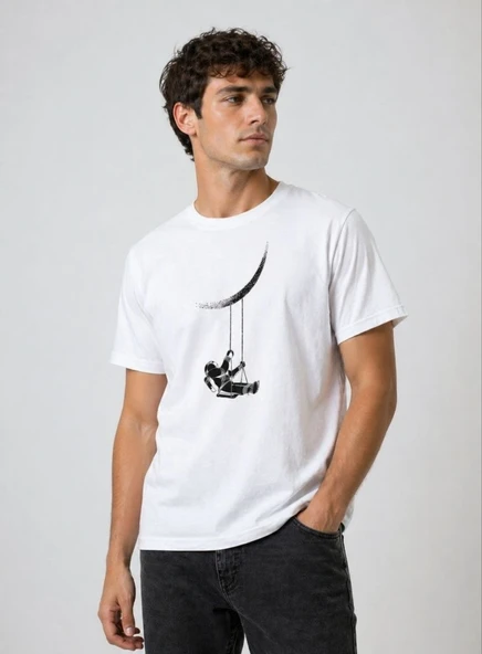 Erkek Astronot Ay Temalı Tişört Kısa Kol Yazlık Bisiklet Yaka T-Shirt - Beyaz ürün görseli 1