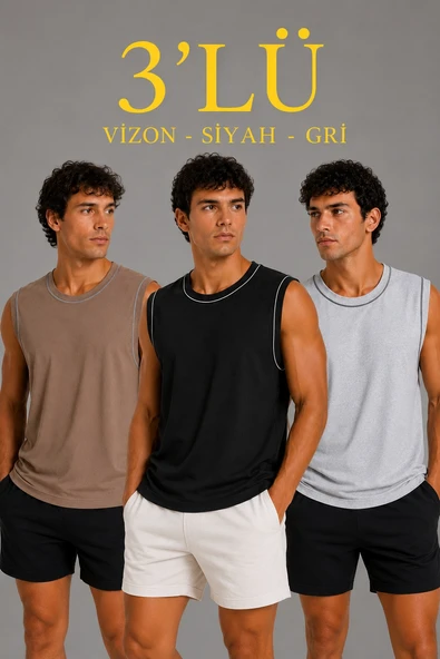 Erkek 3 lü Kolsuz Sporcu Atlet Seti Yazlık Bisiklet Yaka - Siyah, Kahverengi, Gri ürün görseli 1