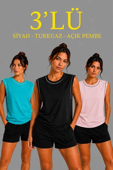 Kadın 3 lü Kolsuz Sporcu Atlet Seti Yazlık Bisiklet Yaka - Siyah, Turkuaz, Pembe ürün görseli 1