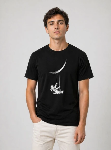 Erkek Astronot Ay Temalı Tişört Kısa Kol Yazlık Bisiklet Yaka T-Shirt - Siyah ürün görseli 1