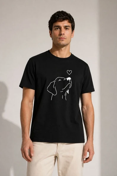 Erkek Köpek Figürlü Minimal Baskılı Tişört Kısa Kol Yazlık T-Shirt - Siyah ürün görseli 1