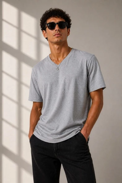 Erkek V Yaka Basic Tişört Kısa Kol Yazlık Regular Fit T-Shirt - Gri ürün görseli 1