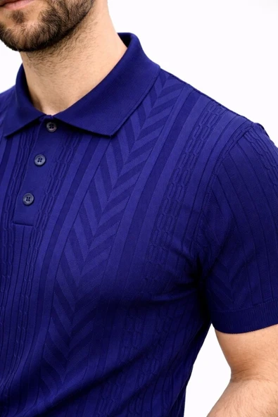 Erkek Yazlık Triko Tişört Kısa Kol Polo Yaka Düğmeli T-Shirt - Lacivert ürün görseli 1