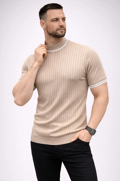 Erkek Fitilli Triko Dokuma Kısa Kol Tişört Yarım Boğaz Modern Yazlık T-Shirt - Bej ürün görseli 1