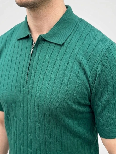Erkek Yazlık Triko Saç Örgü Tişört Kısa Kol Polo Yaka Fermuarlı T-Shirt - Haki ürün görseli 1