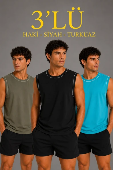 Erkek 3 lü Kolsuz Sporcu Atlet Seti Yazlık Bisiklet Yaka - Siyah, Haki, Açık Mavi ürün görseli 1