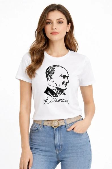 Kadın Atatürk Baskılı Tişört Kısa Kollu Bisiklet Yaka T-Shirt - Beyaz ürün görseli 1