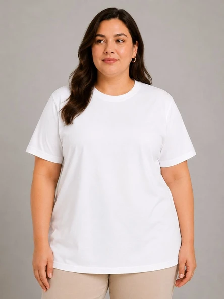 Kadın Battal Big Size Basic Tişört Bisiklet Yaka Rahat Kalıp T-Shirt - Beyaz ürün görseli 1
