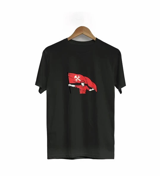 1 Mayıs Emek ve Dayanışma Bayraklı Emekçi Baskılı Bisiklet Yaka T-shirt - Siyah ürün görseli 1