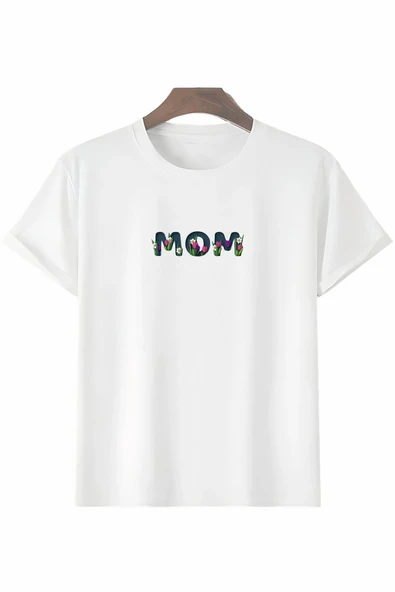 Anneler Günü Hediye Mom Çiçek Baskılı Oversize Bisiklet Yaka T-shirt - Beyaz ürün görseli 1