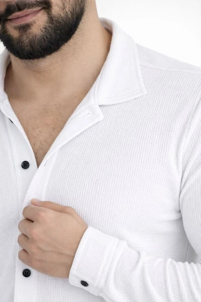 Erkek Waffle Kumaş Uzun Kollu Düğmeli Açık Yaka Regular Fit Gömlek - Beyaz ürün görseli 1