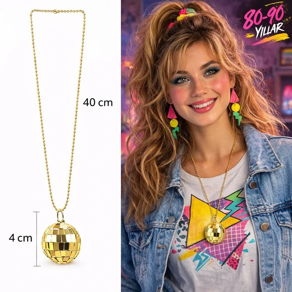 Retro Disko Topu Şekilli 80'ler 90'lar Altın Renk Plastik Kolye (5224) ürün görseli 1