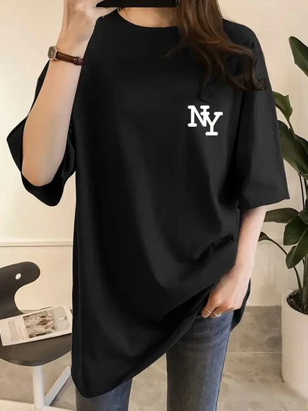 Kadın T-shirt Bisiklet yaka  NY Baskılı kısa kol Tişört - Siyah ürün görseli 1