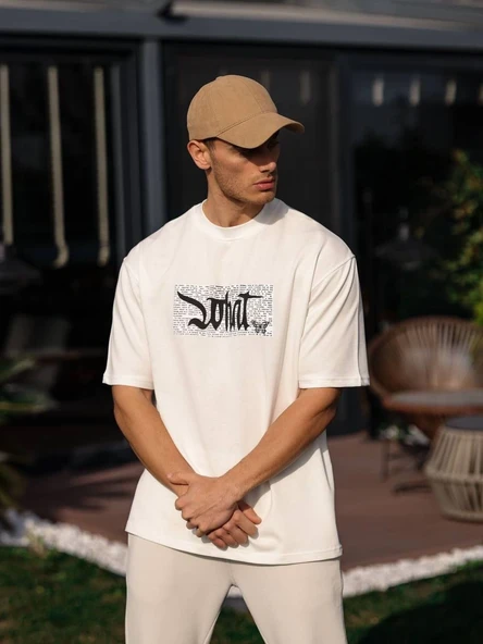 Erkek Kısa Kol Yazlık Tişört Bisiklet Yaka Baskılı Oversize T-Shirt - Beyaz ürün görseli 1