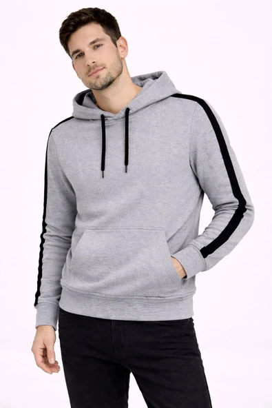 Erkek Şeritli Kapüşonlu Sweatshirt Oversize 3 iplik Pamuklu Hoodie - Gri ürün görseli 1