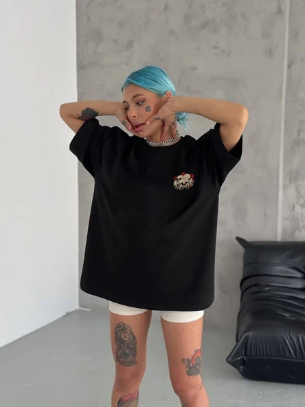 Kadın Baskılı T-Shirt Kısa Kol Bisiklet Yaka Oversize Rahat Kalıp Günlük Tişört   - Siyah ürün görseli 1