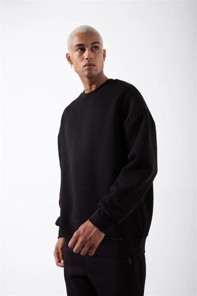 ERKEK Bisikilet Yaka 3 İplik Pamuklu SweatShirt - Siyah ürün görseli 1