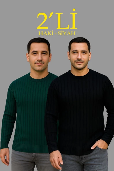 Erkek Fitilli Triko Kazak 2 li Set Siyah Haki Kalın Dokuma Pamuklu Regular Fit Bisiklet ürün görseli 1