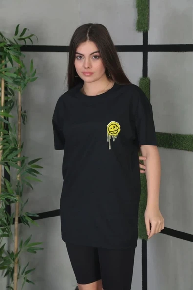 Kadın Bisiklet Yaka Baskılı  Kısa kol Oversize T-Shirt - Siyah ürün görseli 1