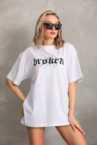 Kadın Kısa Kol Yazlık Tişört Bisiklet Yaka Baskılı Oversize T-Shirt - Beyaz ürün görseli 1