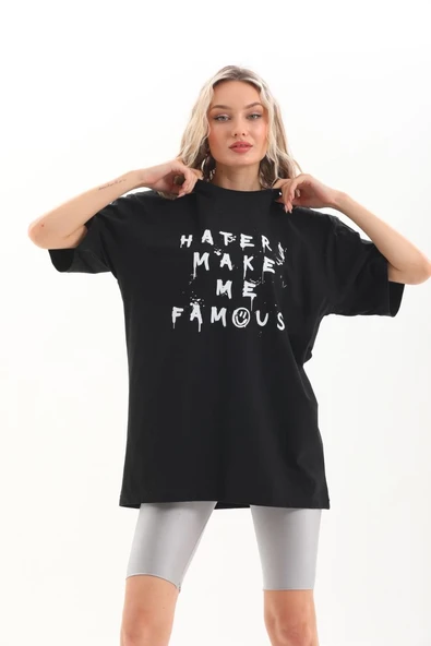 Kadın Kısa Kol Yazlık Tişört Bisiklet Yaka Baskılı Oversize T-Shirt - Siyah ürün görseli 1