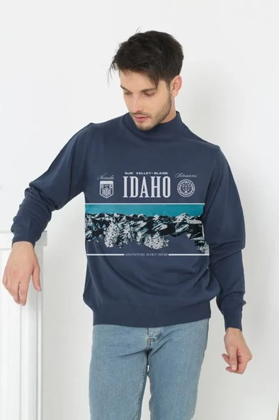 Erkek Yarım Bağazlı Kazak Baskılı Dokuma Triko - Indigo ürün görseli 1