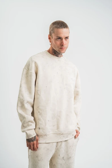 Erkek 3 İplik Pamuklu Yağ Yıkamalı Bisiklet Yaka Sweatshirt Oversize Hoodie - Krem ürün görseli 1