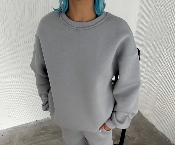 Kadın Bisiklet Yaka 3 İplik Pamuklu Basic SweatShirt - Gri - Resim 2