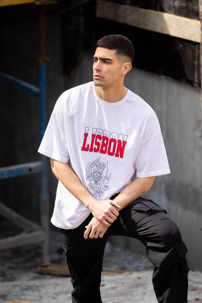 Erkek Kısa Kol Yazlık Tişört Bisiklet Yaka Baskılı Oversize T-Shirt - Beyaz ürün görseli 1