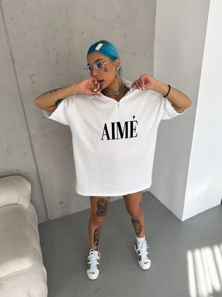 Kadın Yarım Fermuarlı Tişört Kısa kol Baskılı T-Shirt - Beyaz ürün görseli 1