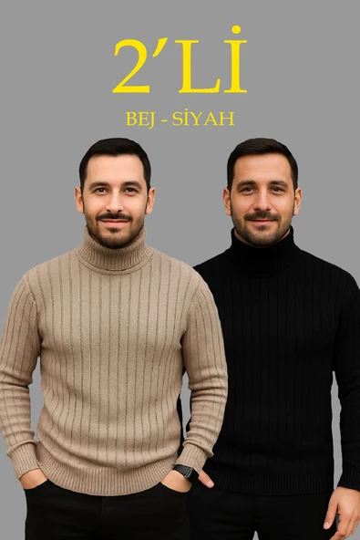 Erkek Fitilli Kazak Tam Boğazlı Balıkçı Yaka Triko 2'li Set Bej-Siyah ürün görseli 1