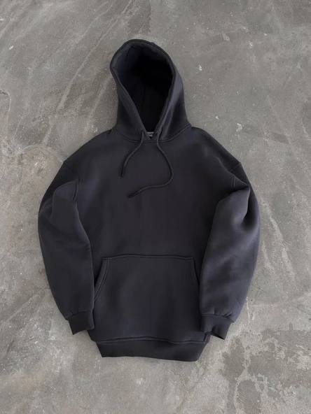 Kadın Kapüşonlu Kanguru Cepli 3 İplik Pamuklu Oversize Hoodie Sweatshirt - Füme ürün görseli 1