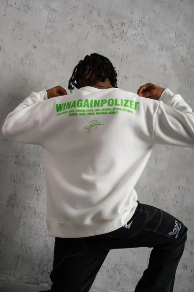 Erkek Oversize Sweatshirt Ön ve Sırt Baskılı 3 İplik Pamuklu - Beyaz ürün görseli 1